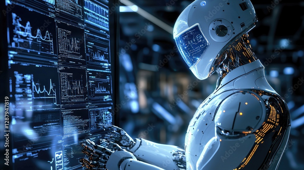 Poster futuristic robot analyzing data on high-tech computer screen