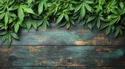 Fototapeta premium Cannabis leaves bordering rustic wooden background with copy space