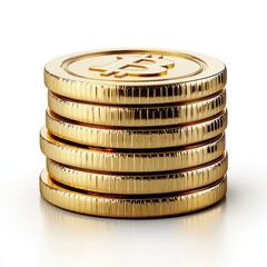 Several gold bitcoin coins stacked in a simple white background