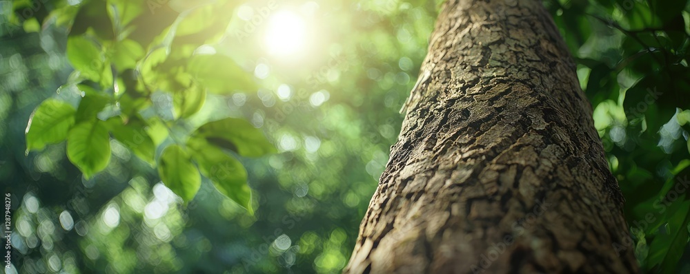 Poster earth day environmental concept. close-up view of a tree trunk with sunlight filtering through lush 
