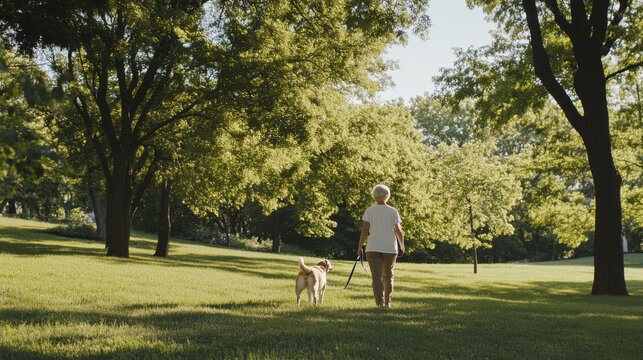 Senior living woman walking her dog in the park. Featuring companionship and nature
