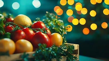 Fresh tomatoes and lemons displayed in a wooden crate against a backdrop of colorful bokeh lights, perfect for food photography.