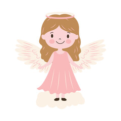 Cute Pretty Winged Little Girl Fairy Angel Cartoon Character with Cloud in the Sky
