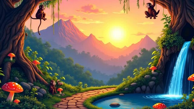 Monkeys Playing in Magical Sunset Jungle Waterfall Scene