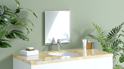 Clean bathroom vanity with a mirror soap lotion and green plants against a soft green wall.