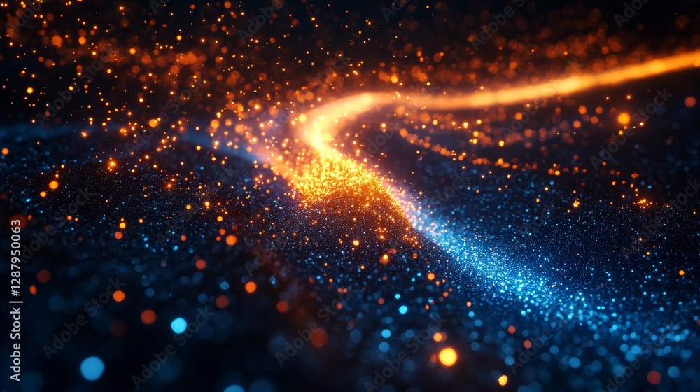 Poster glowing orange and blue particles flowing on a dark background, creating an abstract cosmic landscap