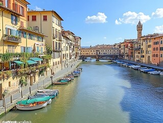 Obraz premium Riverfront, Tuscan city, bridge, boats, sunny day, travel