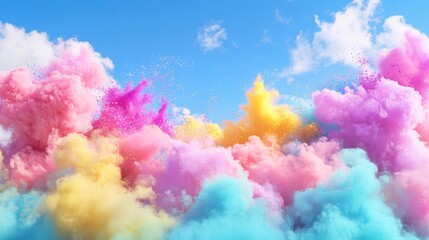 Fototapeta premium Colorful Cloud of Powder Explosions Against a Blue Sky Background
