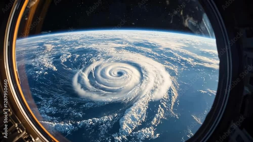Aufkleber view from the window of the spacecraft to the earth. a huge cyclone is visible on the planet, twiste
