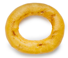 Fried Onion Rings on white background, Fried Onion Rings in paper cup isolate on white with clipping path.