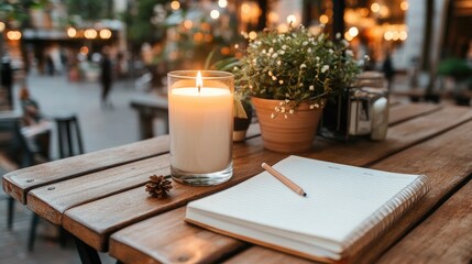 Cozy Candlelit Table Setting with Notebook in Outdoor Café