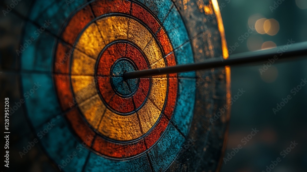 Poster bullseye with arrow in colorful target showing precision and focus, close-up in soft background. mot
