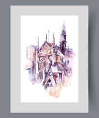 Obraz premium Catholic Cathedral of Notre Dame De Paris in capital of France on poster. Watercolor artwork. Wall art with building of temple of Notre Dame De Paris in gothic style, in frame with decor for print
