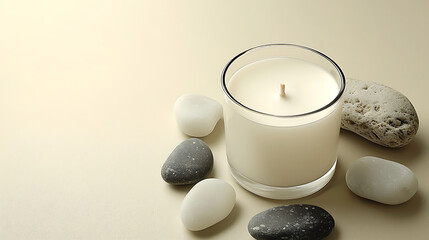 Ivory candle in glass surrounded by smooth varied stones on a soft cream surface.