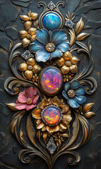 Luxury 3D Gemstone Art with Opal, Gold and Floral Motifs, Elegant Decorative Jewelry Design for Wealth and Prosperity phone case or wall art