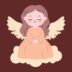 Cute Pretty Winged Little Girl Fairy Angel Cartoon Character with Cloud in the Sky