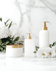 Elegant white skincare bottles with gold accents displayed on marble with white floral accents.