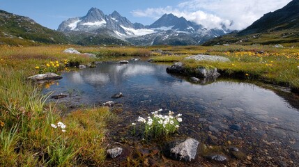 Fototapeta premium Mountain meadow reflecting alpine peaks