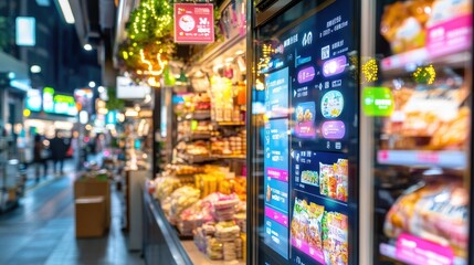 Naklejka premium Colorful Street Market with Vending Machine at Night in Cityscape