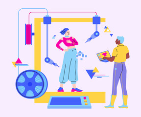 Cartoon Color Character and 3d Printed Fashion Clothing Concept Flat Design Style. Vector illustration of Innovation Technology Production Textile