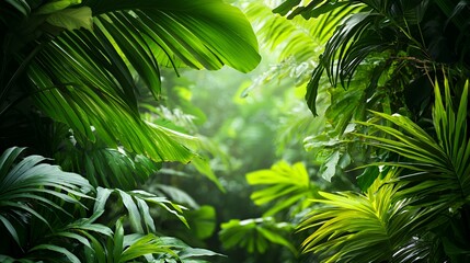 Lush Green Tropical Rainforest With Sunlight Filtering Through Dense Foliage