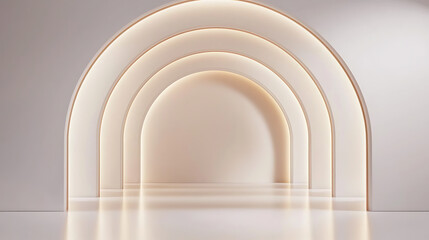 Three nested arches recede into the distance illuminated by a gentle warm light creating a calming minimalist architectural space.