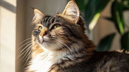 Majestic Domestic Cat in Sunlight with Lush Green Background