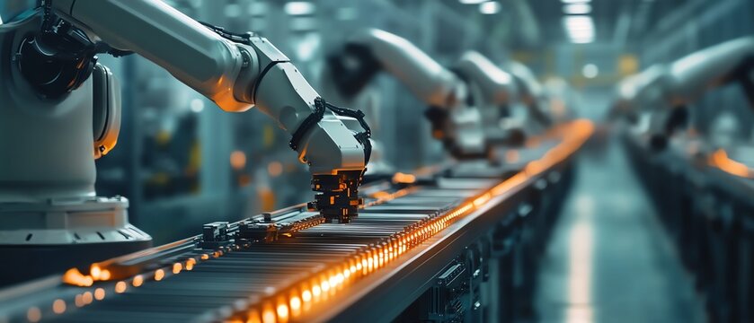 AI-driven industrial robotics increase efficiency in factories.