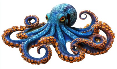 Fototapeta premium Blue octopus with orange suckers on white background, ideal for marine life projects