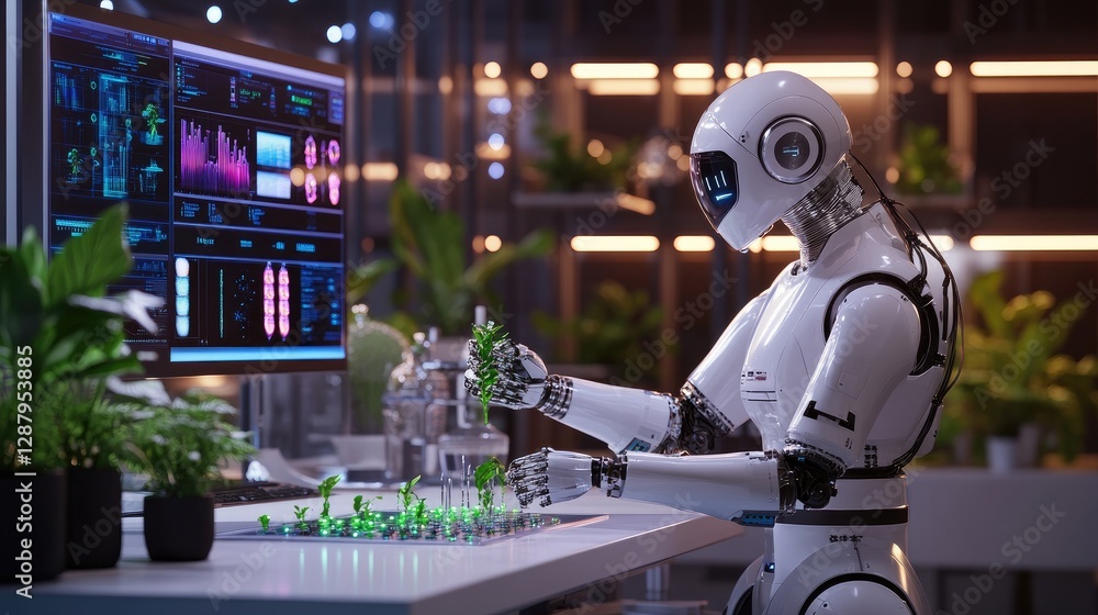 Poster robotic hands working with plants in a high-tech lab setting