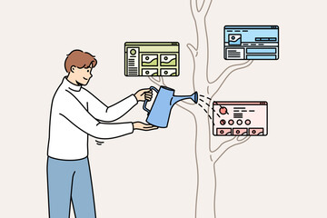 Man watering tree with web windows on branches is engaged in development of digitalization and ecosystem. Happy guy caring about developing digital ecosystem that helps accomplish business goals