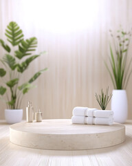 Elevated platform with neatly stacked towels subtle creams and vibrant plants against a soft neutral backdrop.