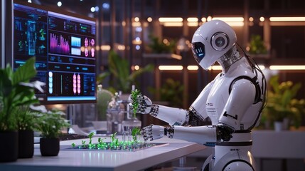 Fototapeta premium Robotic Hands Working with Plants in a High-Tech Lab Setting