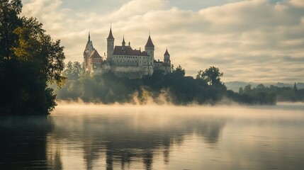 Obraz premium An ancient castle on the shore of a lake shrouded in thick fog at sunrise