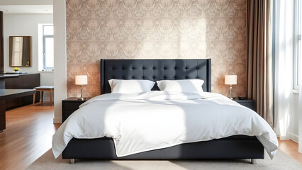 A large bed with a white sheet and a black headboard
