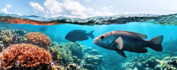 Fototapeta premium Ocean acidification concept. A vibrant underwater scene with coral reefs and colorful fish swimming gracefully.