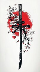 Obraz premium Japanese Katana Sword with Cherry Blossoms and Rising Sun Design