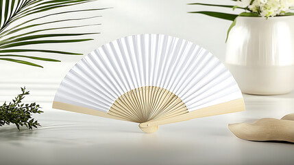Elegant white paper fan accented by green foliage and a white vase sits on a light minimalist surface.