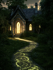 Fototapeta premium Enchanted stone cottage in twilight with a glowing path leading to its arched doorway amidst lush foliage.