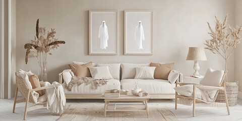 Neutral living room scene with a light wood sofa chairs and eerie ghost artwork.