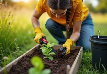 Fototapeta premium Woman Planting Seedling in Raised Garden Bed