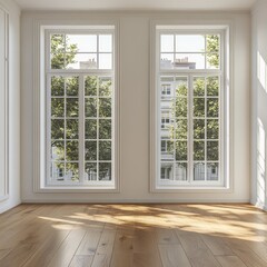 Fototapeta premium Two large windows illuminate an empty room with hardwood floor