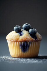 Golden sugar-dusted crust of a blueberry muffin contrasts beautifully with its vibrant blue berry filling.