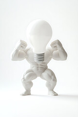 A strong all-white figure flexing with a lightbulb head a symbol of intellect and physical power on a white background.