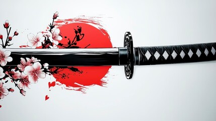 Samurai Katana Sword with Cherry Blossoms and Rising Sun Design