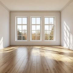 Obraz premium Empty room with three windows showcasing autumn trees outside