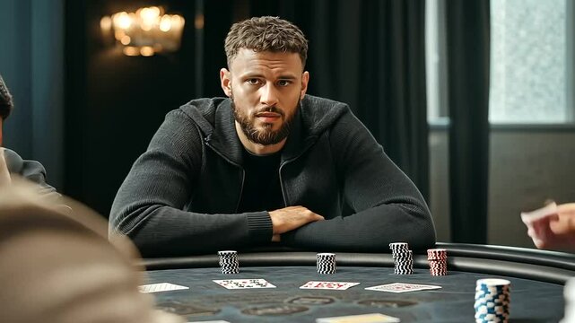 High-stakes poker tournament with players bluffing and strategizing