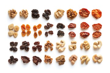 Obraz premium Assorted Dried Fruits and Nuts on White Background