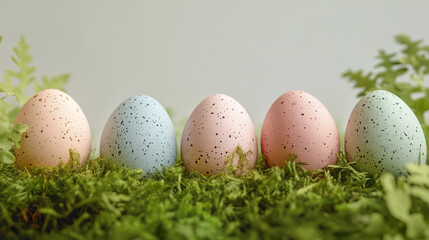 Colorful speckled Easter eggs on green moss with ferns