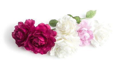 Fototapeta premium A cluster of elegant flowers in graduated shades of pink and white with deep magenta blossoms on a crisp white backdrop.